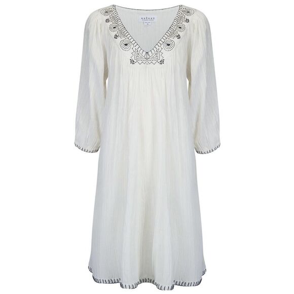 Anthropologie VELVET Trista Blanket Stitch Kaftan Dress White Embroidered Boho M - Picture 2 of 13